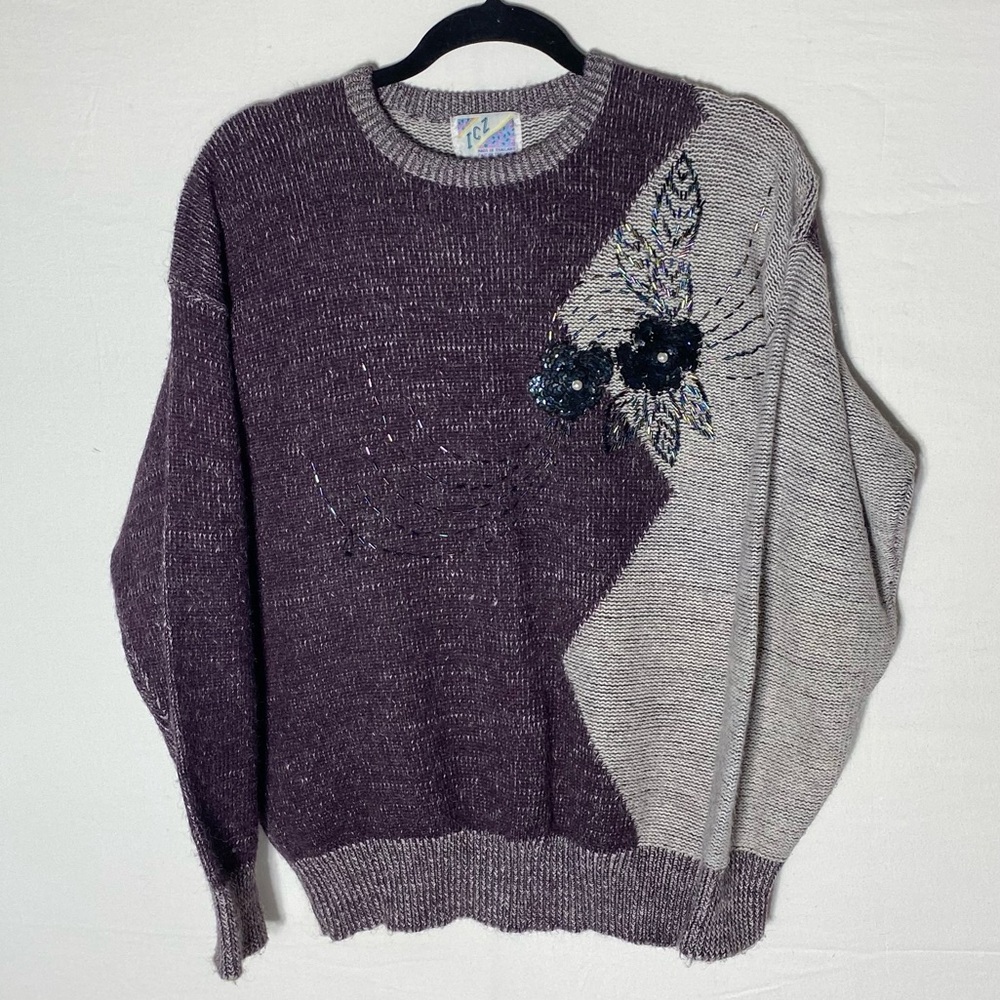 Vintage ICZ Purple Grey Knit Crew Neck Sweater with Floral Design M